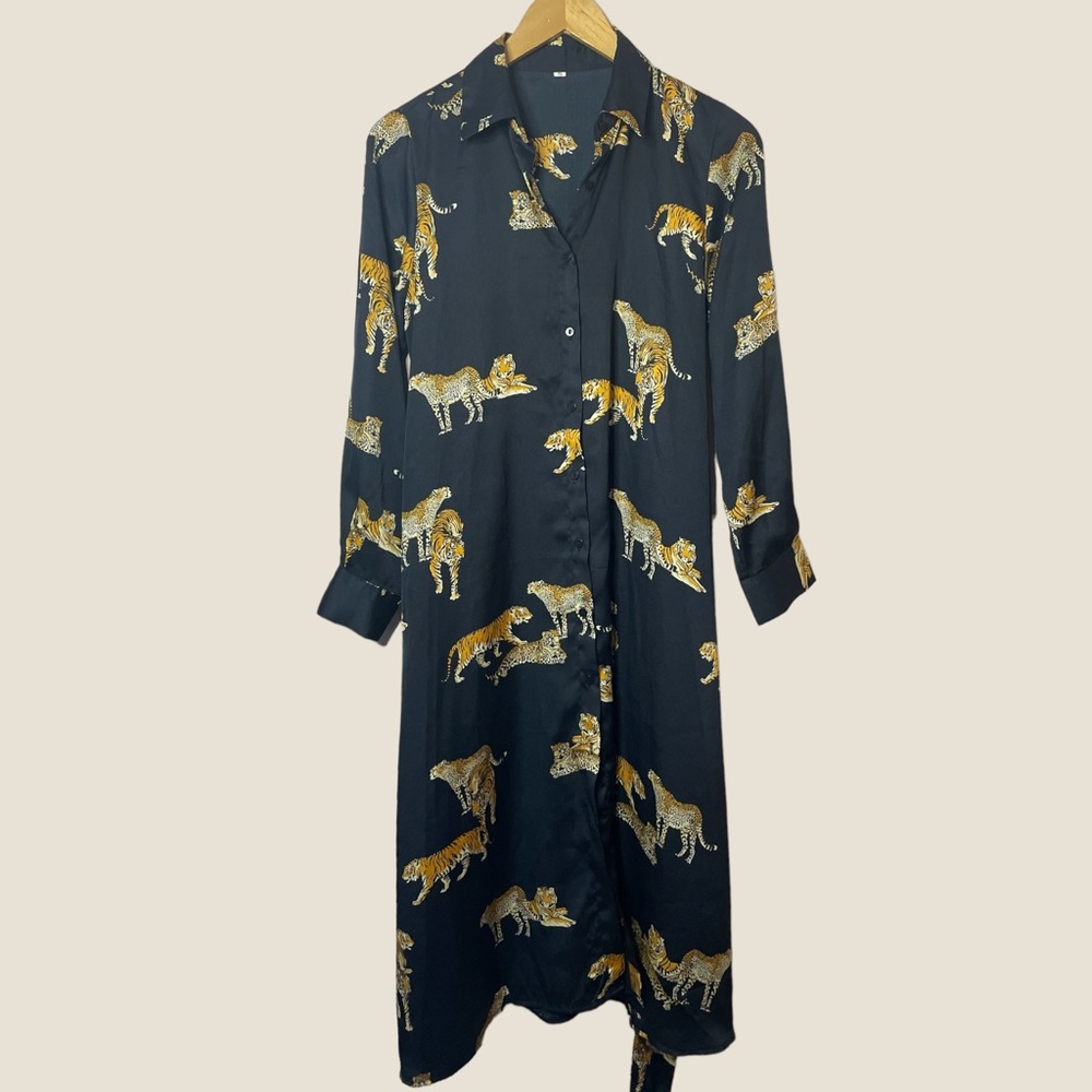 Vintage Tiger Print Long Sleeve Navy Silk Wrap Dress